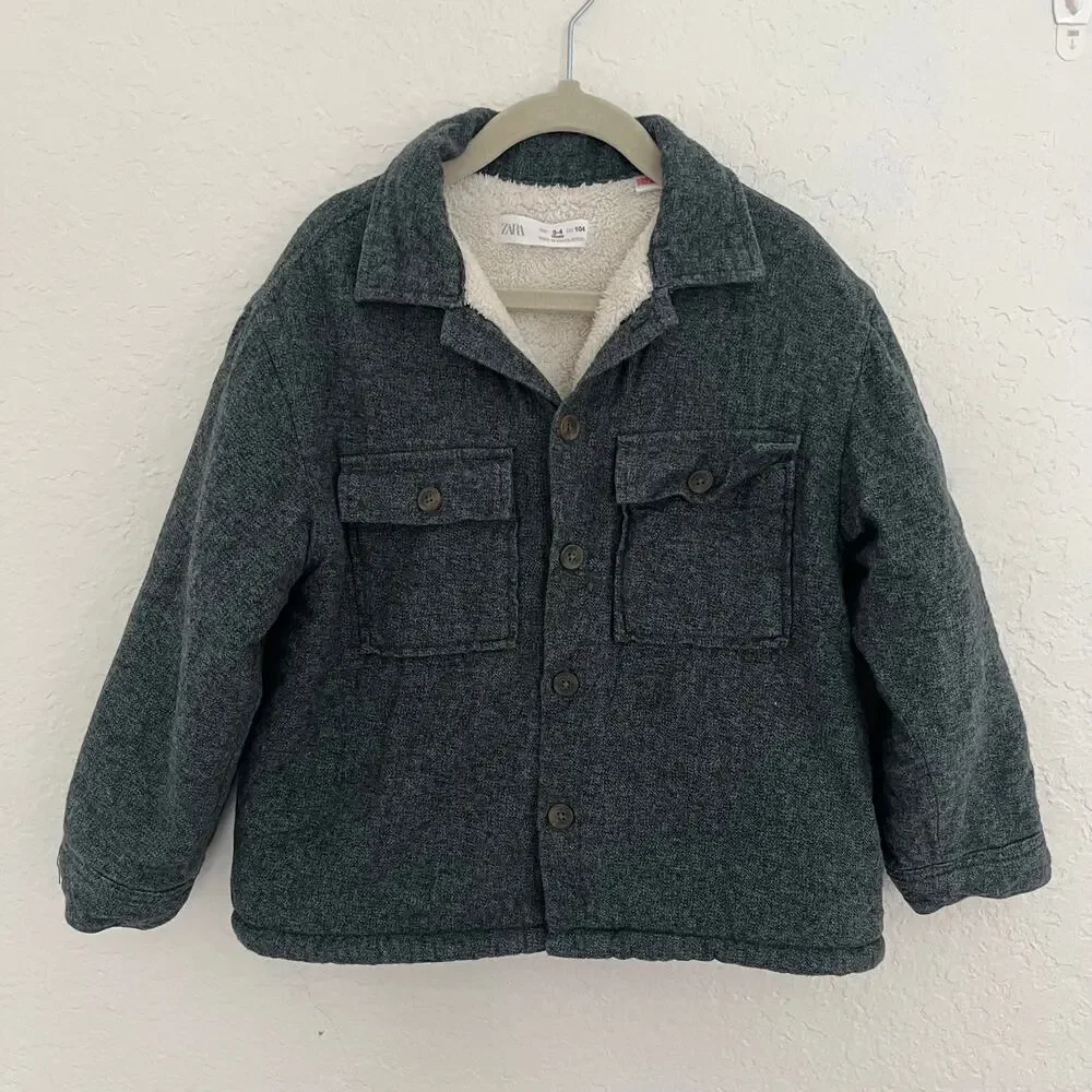 Zara Kids Blue Faux Shearling Lined Shacket Jacket Size 3/4T GUC